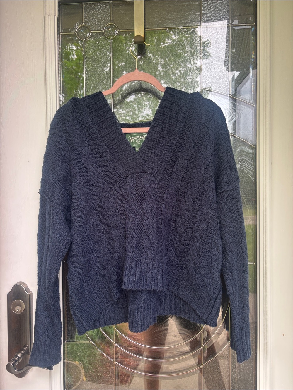 American Eagle Outfitters Navy Cable V-Neck Sweater with Hood